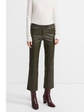 Theory Dark Green Minimalist Bristol Crop Kick Flare Leather Pants Size 8